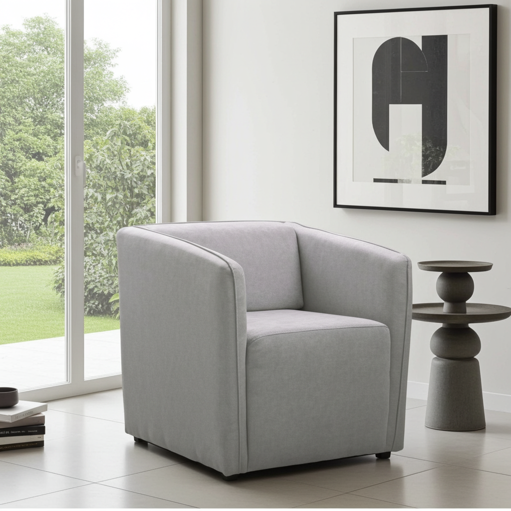 grey fabric armchair with square back and arms design