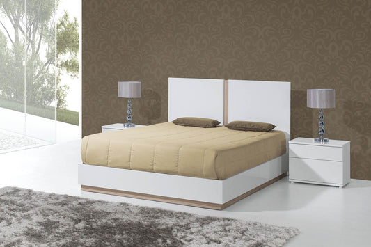  headboard and base set in a white and light oak wood finish. This sleigh bed includes 2 matching bedside tables.