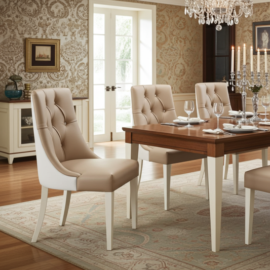 caramel leather dining chair and fabric back. deep button detail on chair.