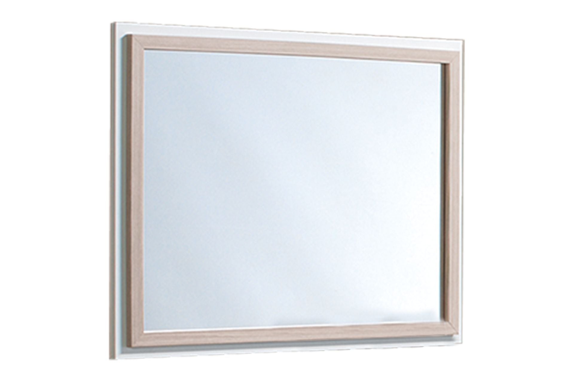 Framed bedroom mirror. This mirror is framed in white wood and a light oak wood finish.
