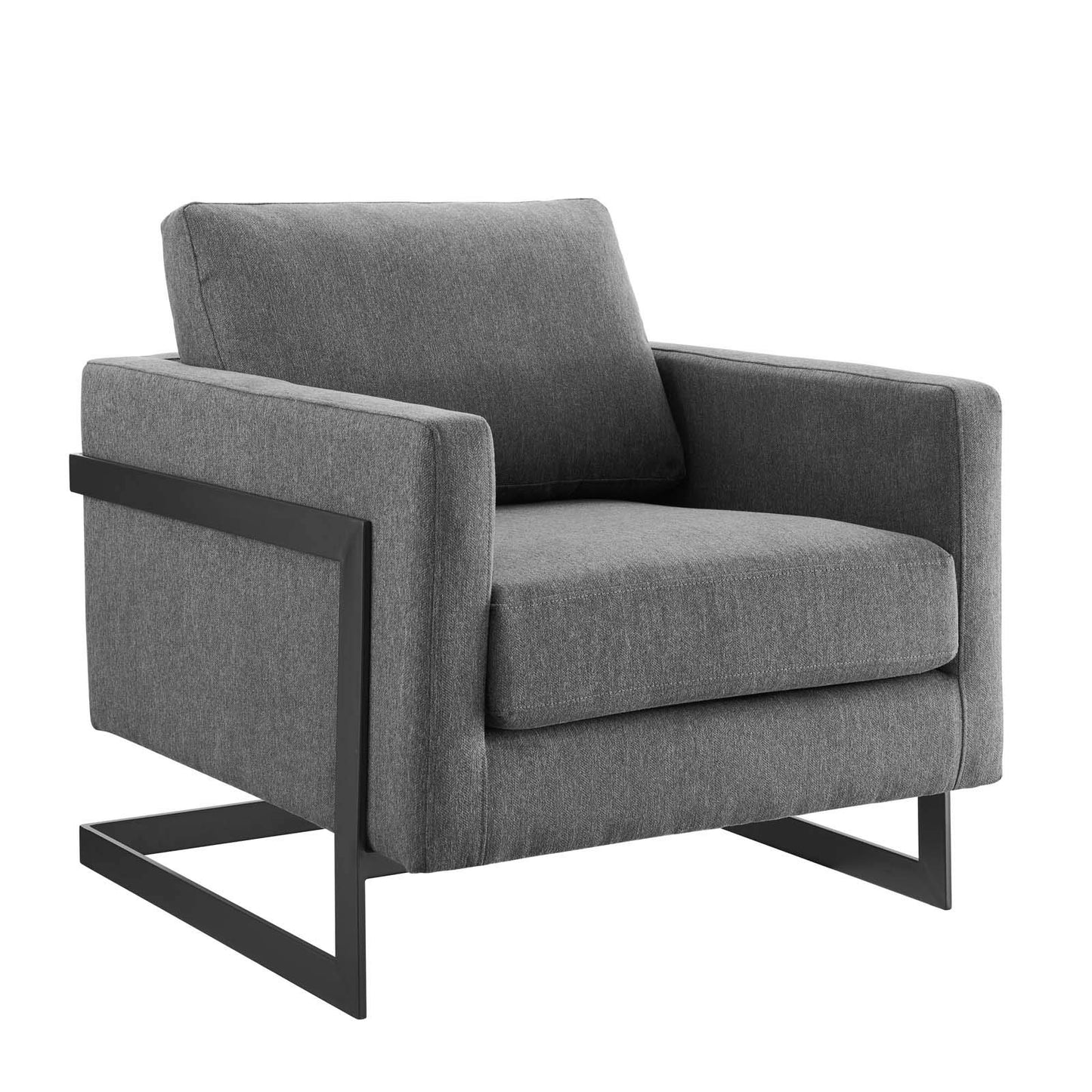 Fabric armchair with black steel frame and legs.