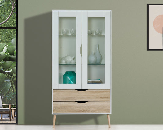 Scandinavian style display cabinet with glass doors and white and oak wood finish.