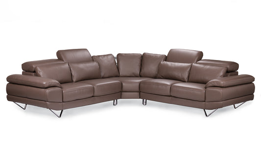 Corner couch in brown leather with adjustable headrests. 