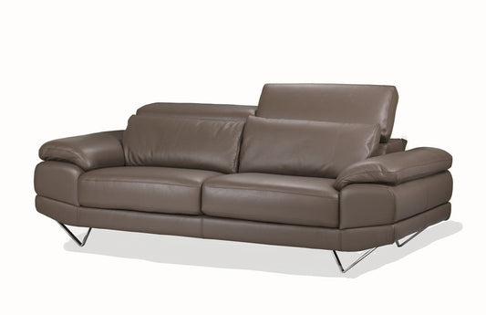 Brown leather 3 seater couch with adjustable headrests, chrome feet and upholstered in brown leather.