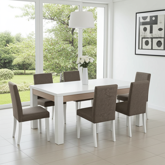 Chaido dining set: extendable dining table with 6 fabric chairs.