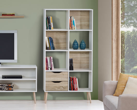 Standing floor shelf in a cubed scandinavian design. This standing shel has 7 shelves and 2 drawers