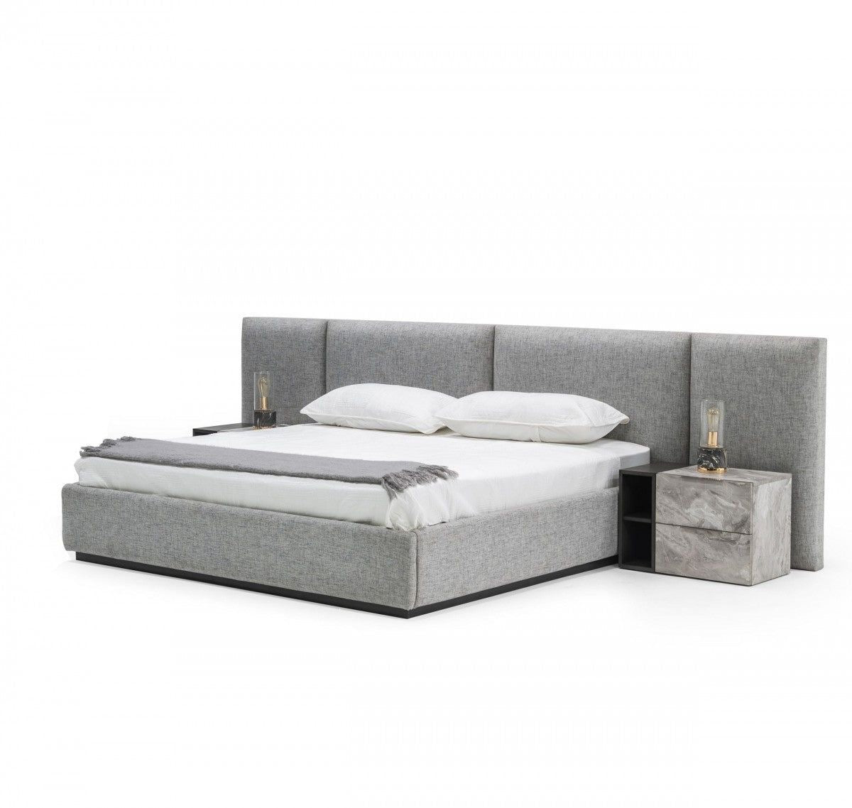 headboard and base set in upholstered light grey fabric with 4 squares on the headboard.