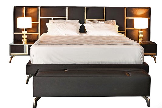 Black velvet and metallic gold strip sleigh bed with matching pedestals included. Pedestals are in black wood with velvet and metallic strip detailing