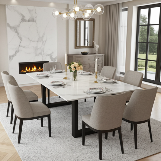 Quartz stone top dining table with black steel legs