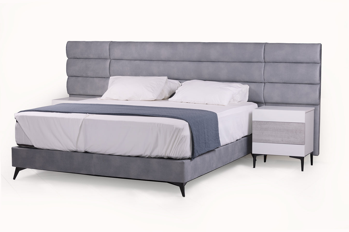 Jones King Size Extra Length Bed & Pedestals with triple layer mattress set - Mid Grey