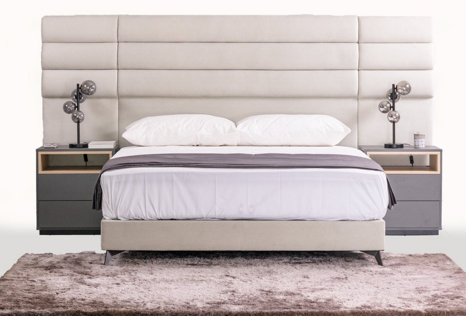The Jones headboard and base Bed set, in luxury pearl fabric, get the bed only or the whole bedroom set.