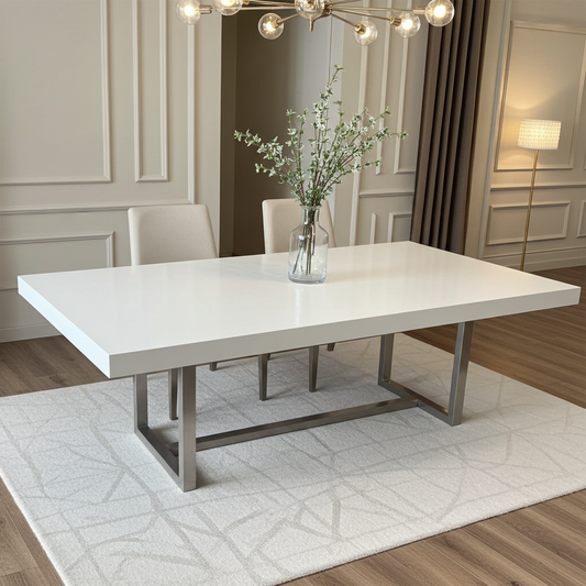 modern white gloss wood dining table with silver legs.