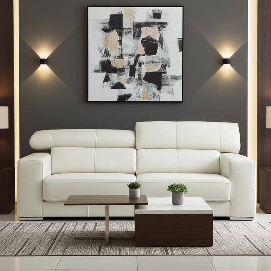 2 seater couch with adjustable headrests in light grey leather
