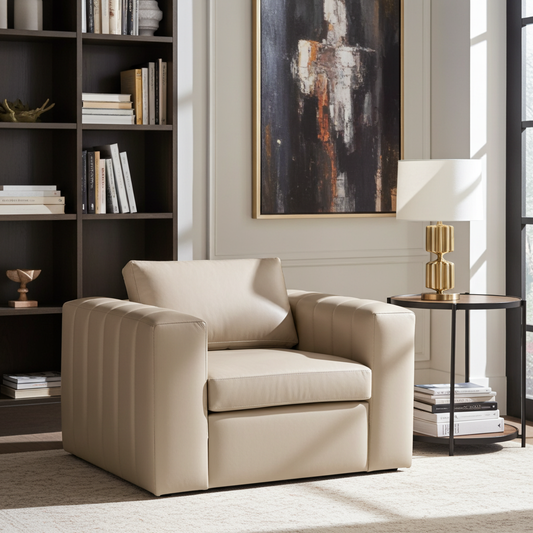 Luxe armchair in italian beige leather with stitching detail