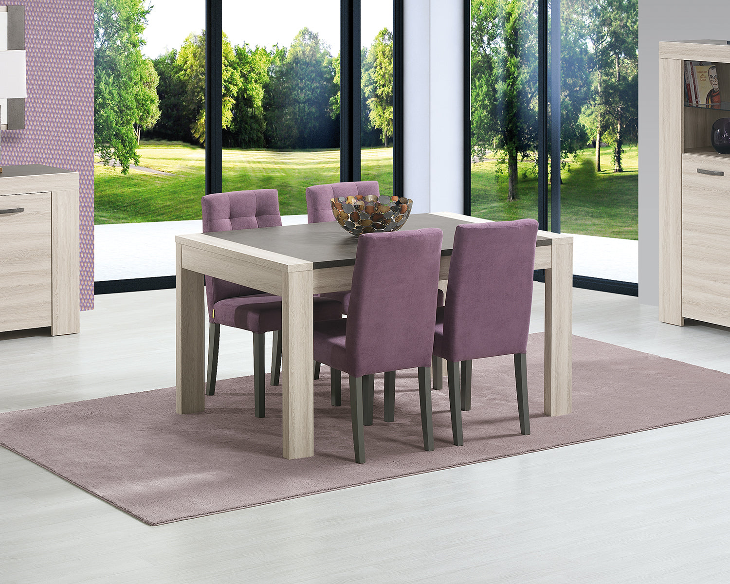 Fabric dining chairs with wooden legs.