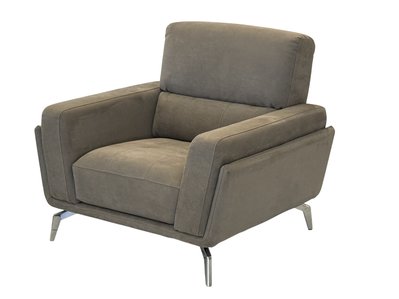 Modern fabric armchair with chrome feet. Elephant grey fabric.