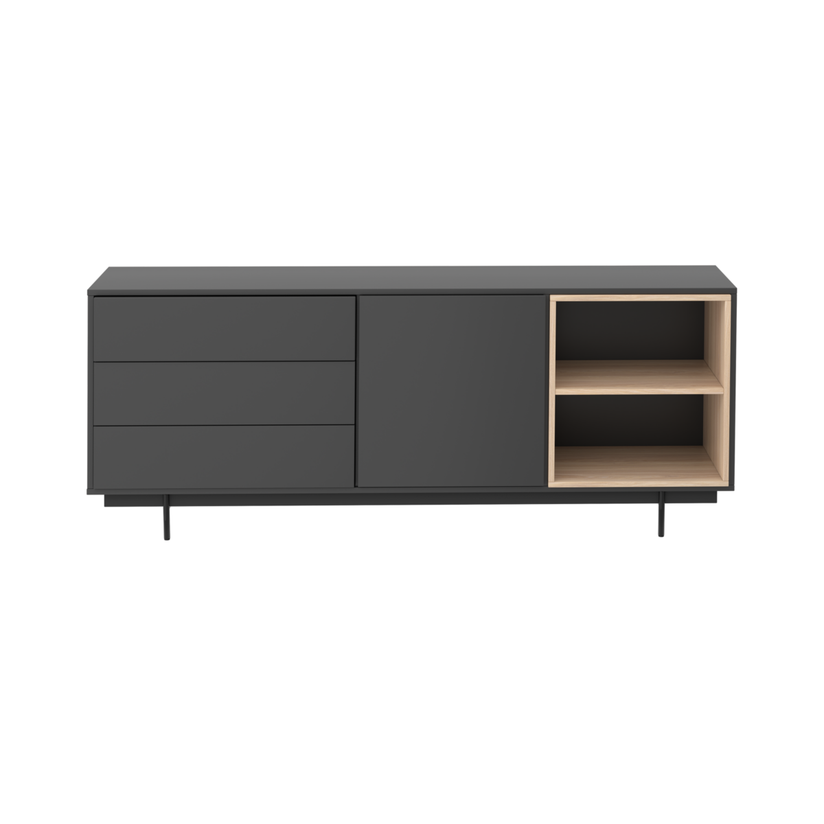 sideboard cabinet with drawers and doors. Manufactured in a charcoal grey and light oak veneer.