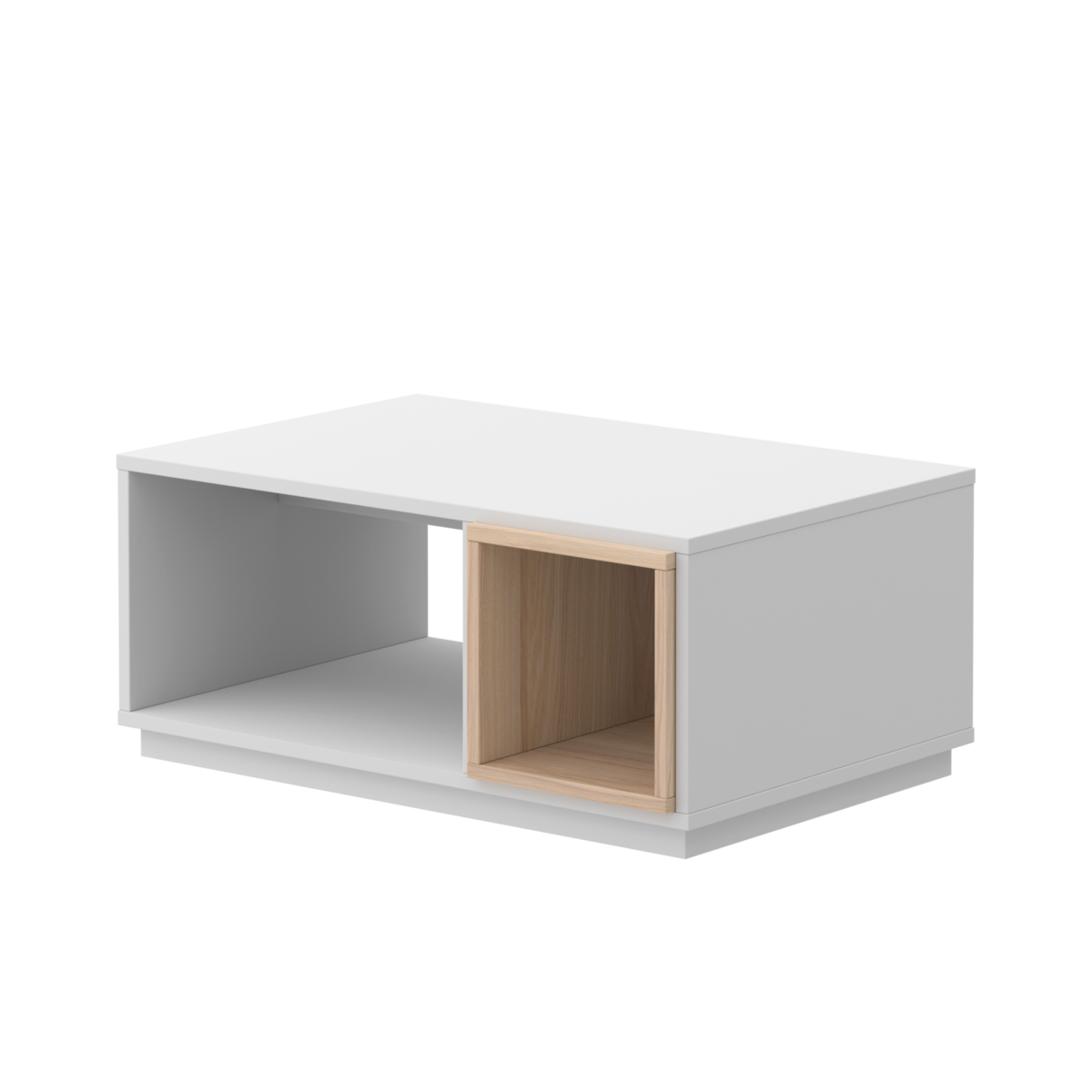 white and light oak coffee table. Accent table in a rectangular shape.