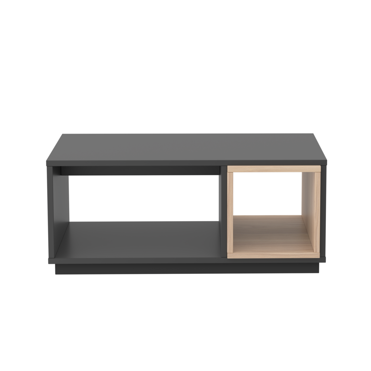 wooden coffee table with open shelves and finished in a charcoal and light oak wood.