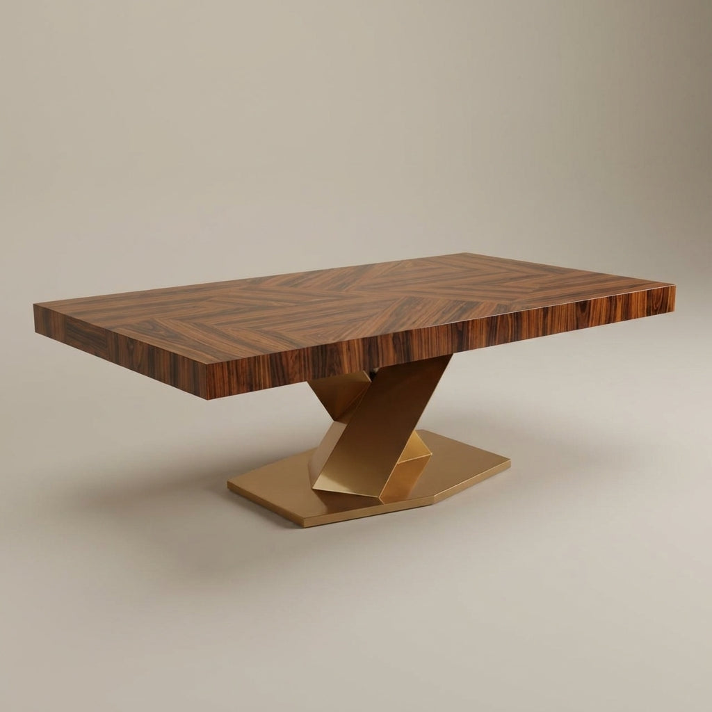 Gloss wood dining table with dark wood grain detail, premium luxury dining furniture South Africa