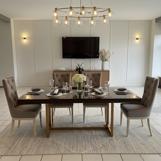 luxury wood dining table with gold steel legs. 6 seater dining table