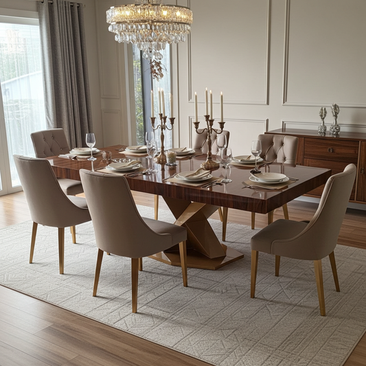 Luxury wood dining table, 6-8 seater table with gold criss-cross legs