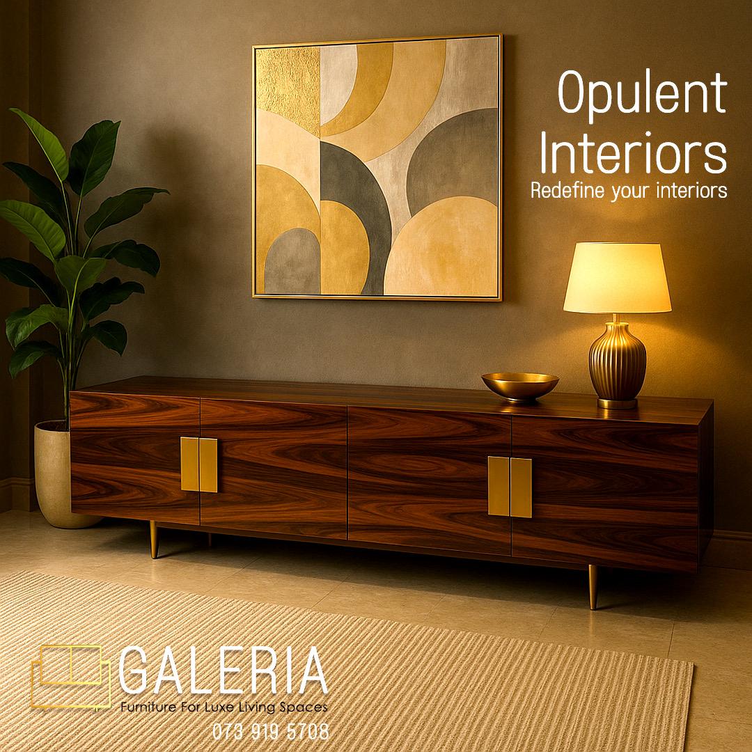 luxury gloss wood cabinet with gold steel accents. 