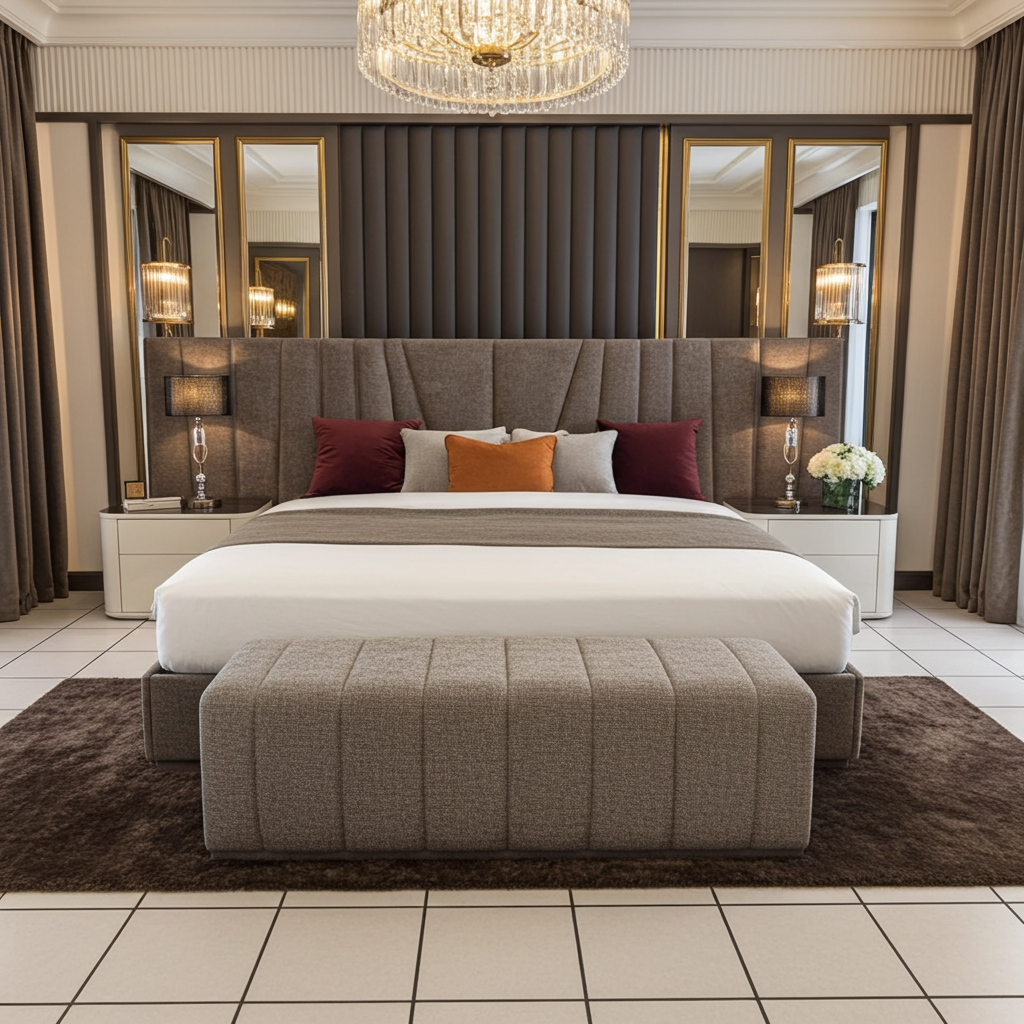 headboard and base set with ottoman in a luxury taupe fabric and channel design.