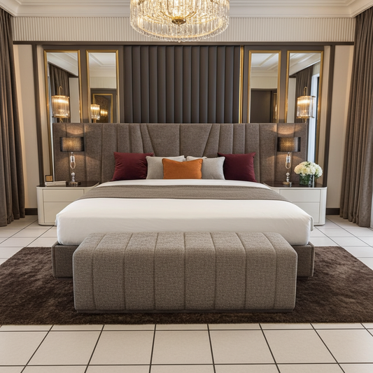 headboard and base set with ottoman in a luxury taupe fabric and channel design.