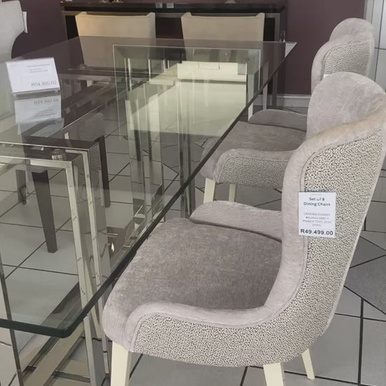 Glass top dining table with stainless steel legs. 6-8 seater dining table.