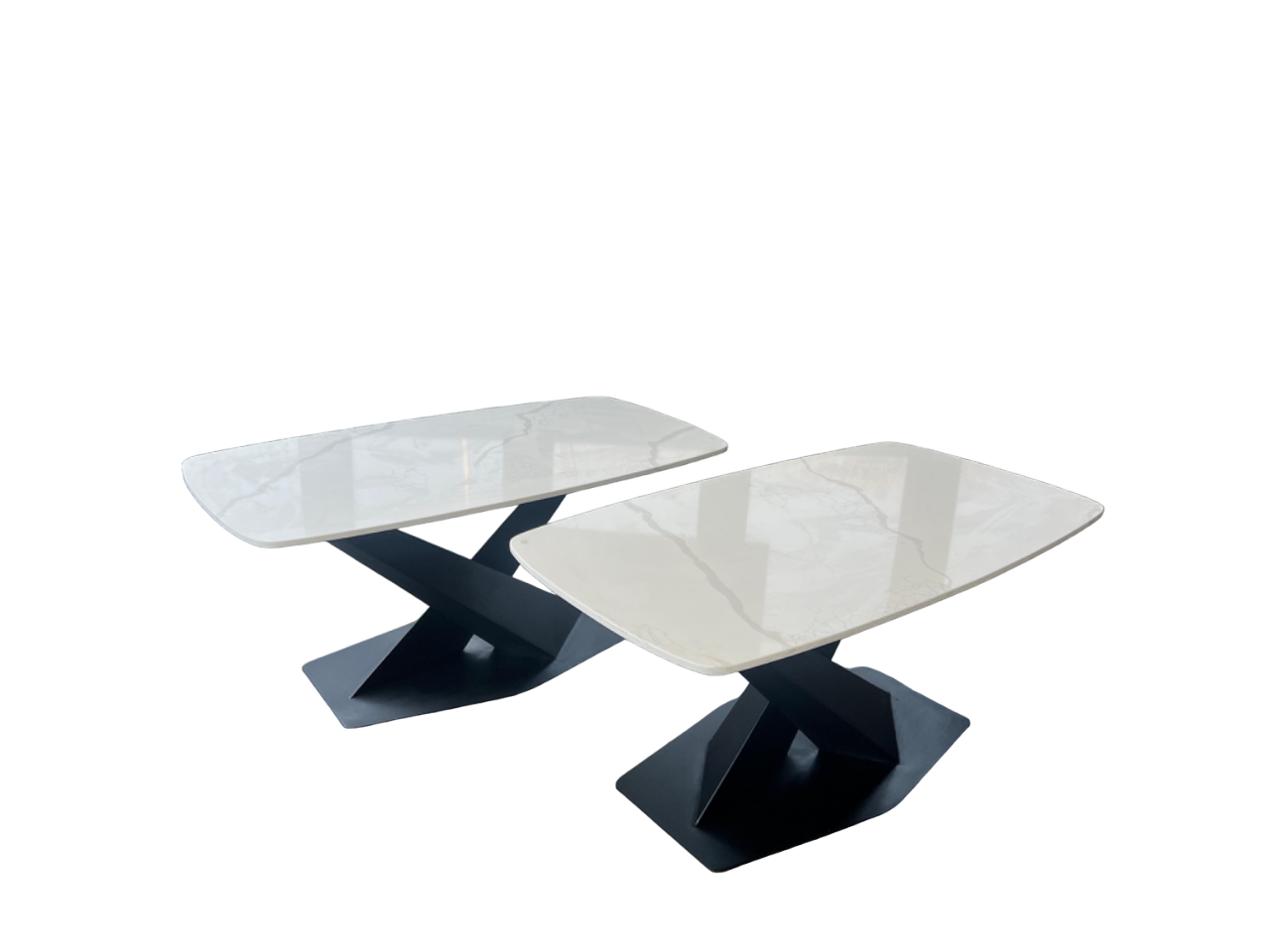 Quartz top dining tables with black steel criss-cross legs