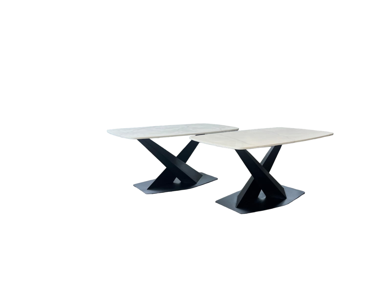 Quartz stone top dining table with criss-cross legs in steel