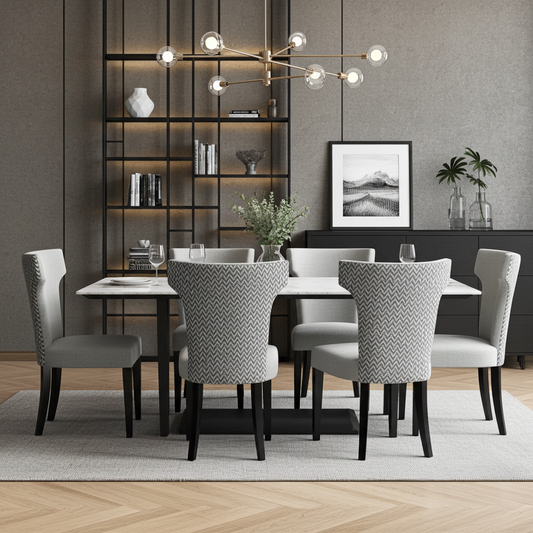 Luxury dining chair, in geometric fabrics and black gloss wooden legs.