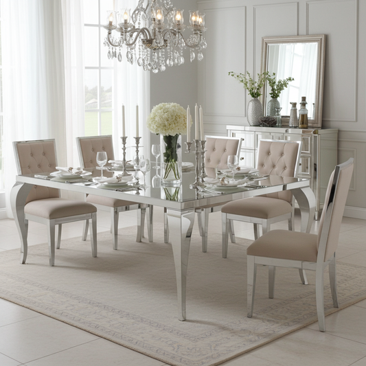 Luxury dining table with vintage curved legs and tempered glass cover
