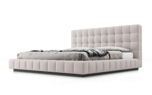 Luxury upholstered sleigh bed. Headboard and Base bed set in beige fabric. 