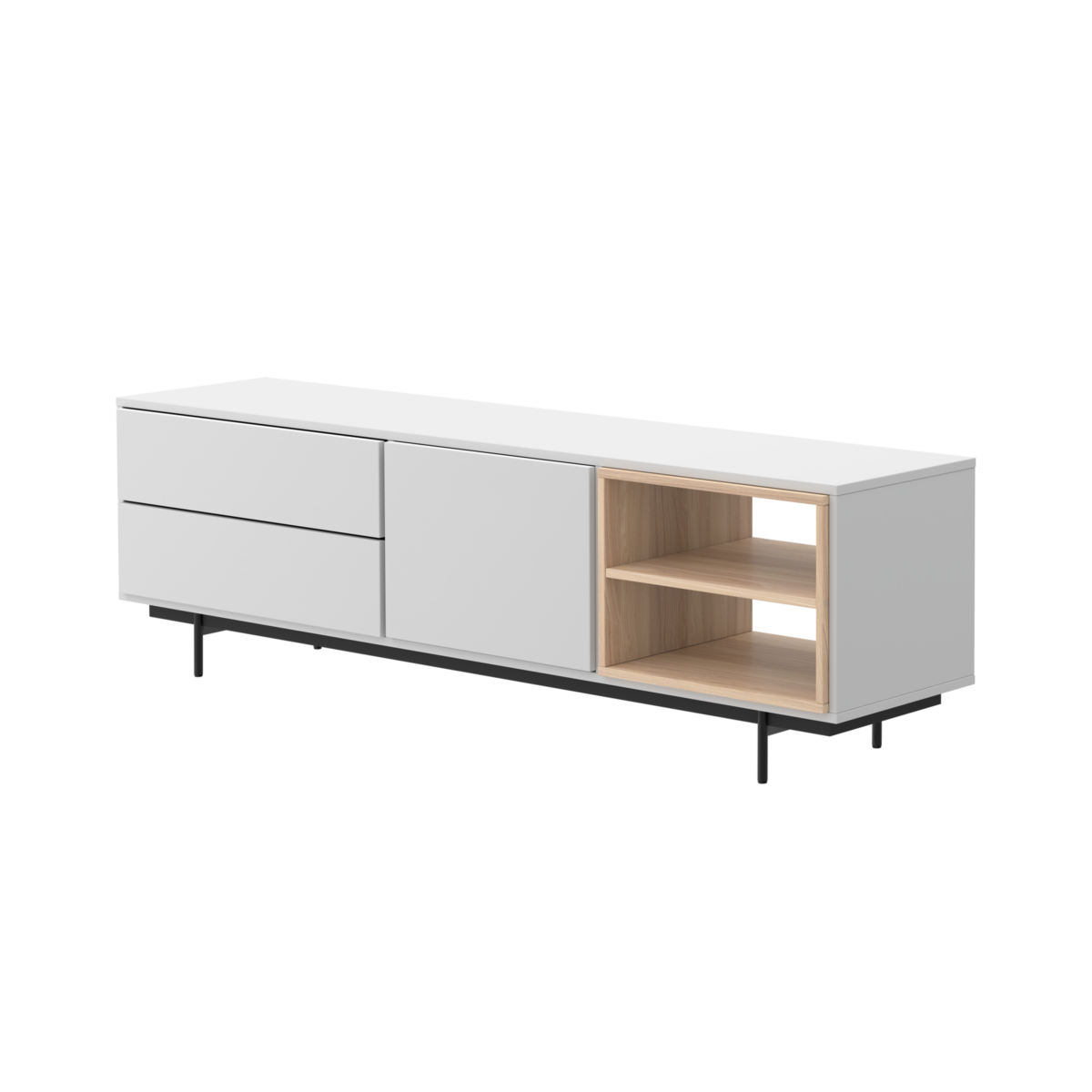 white and oak wood tv stand with two drawers, door and open shelves.