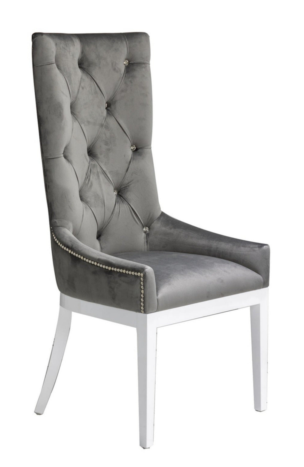 High back dining chair in dark grey velvet with swarovski crystal buttons