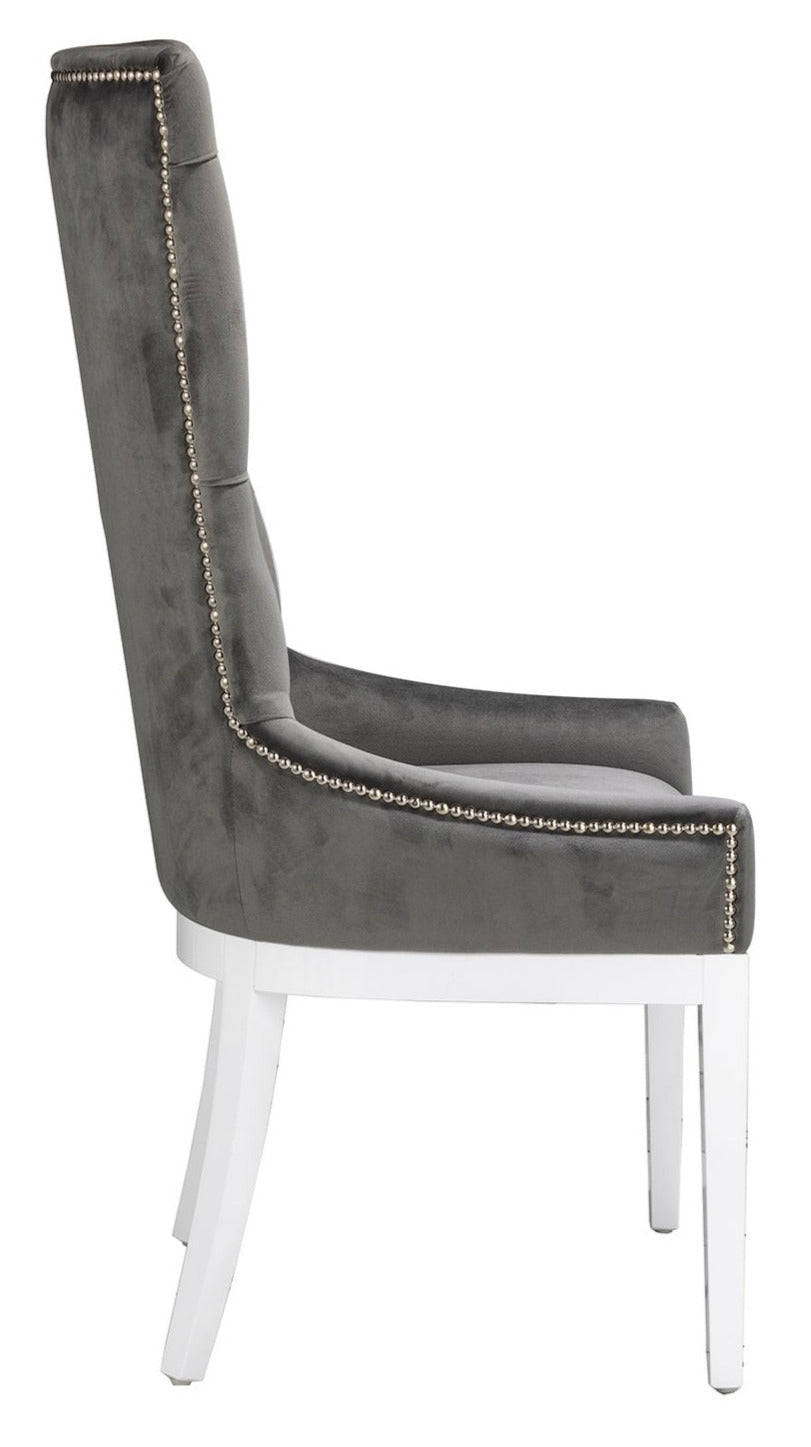 High-back dining chair in dark grey velvet with silver stud details
