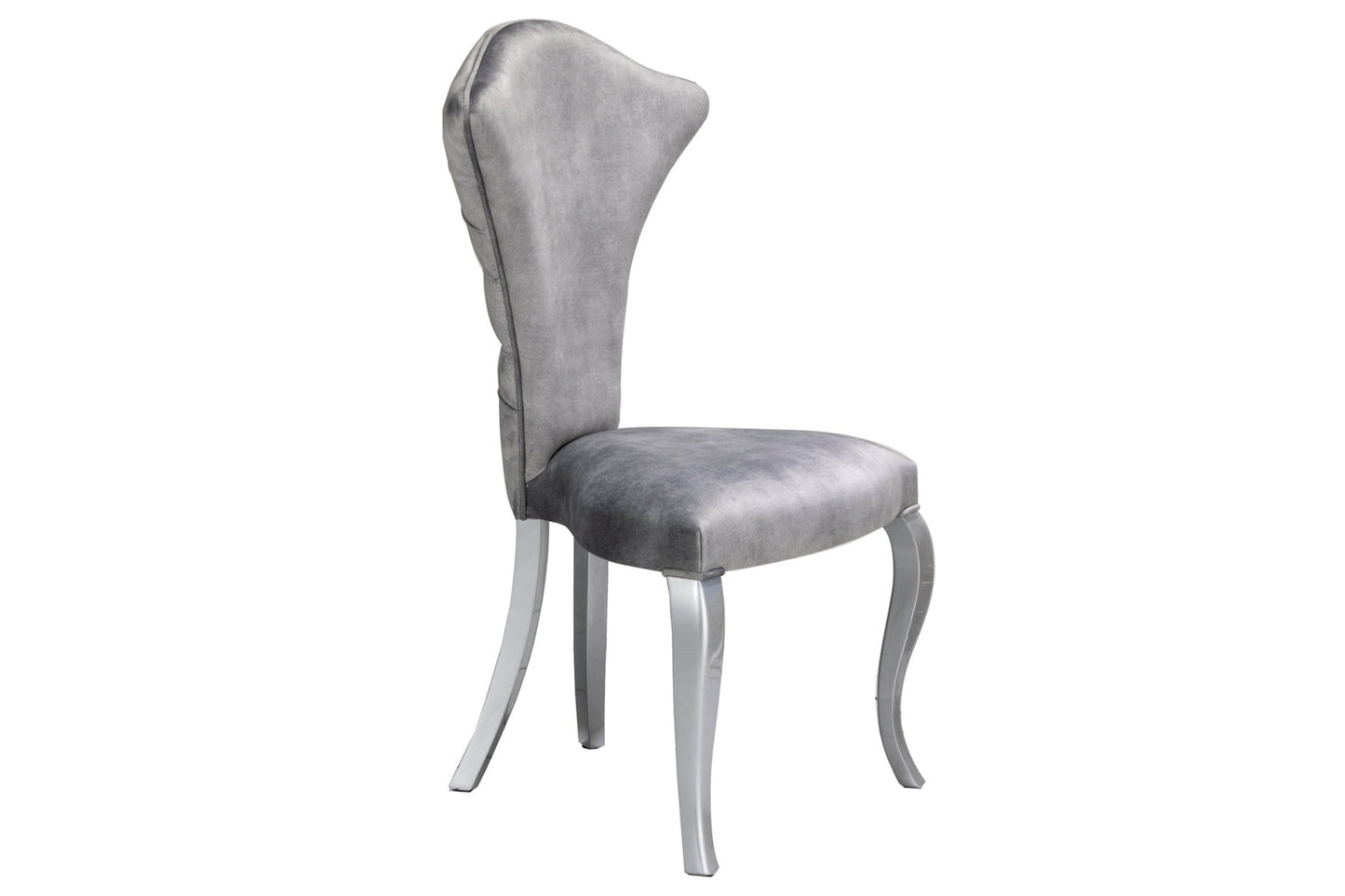 A high-back dining chair with luxurious velvet upholstery, featuring silvery-grey legs and deep button detailing on the back.