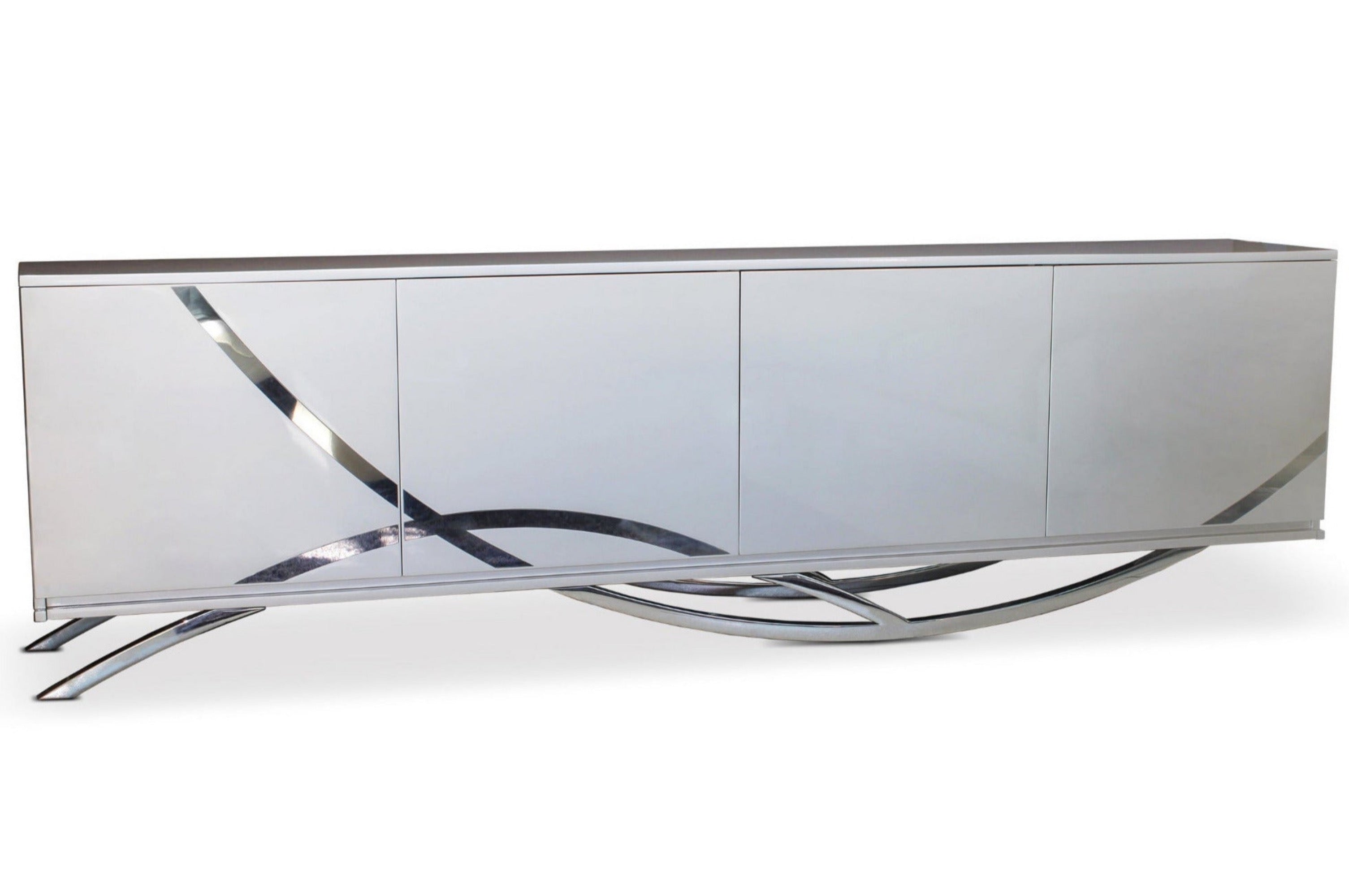 Grey gloss wood sideboard with stainless steel detailing. 4 door sideboard