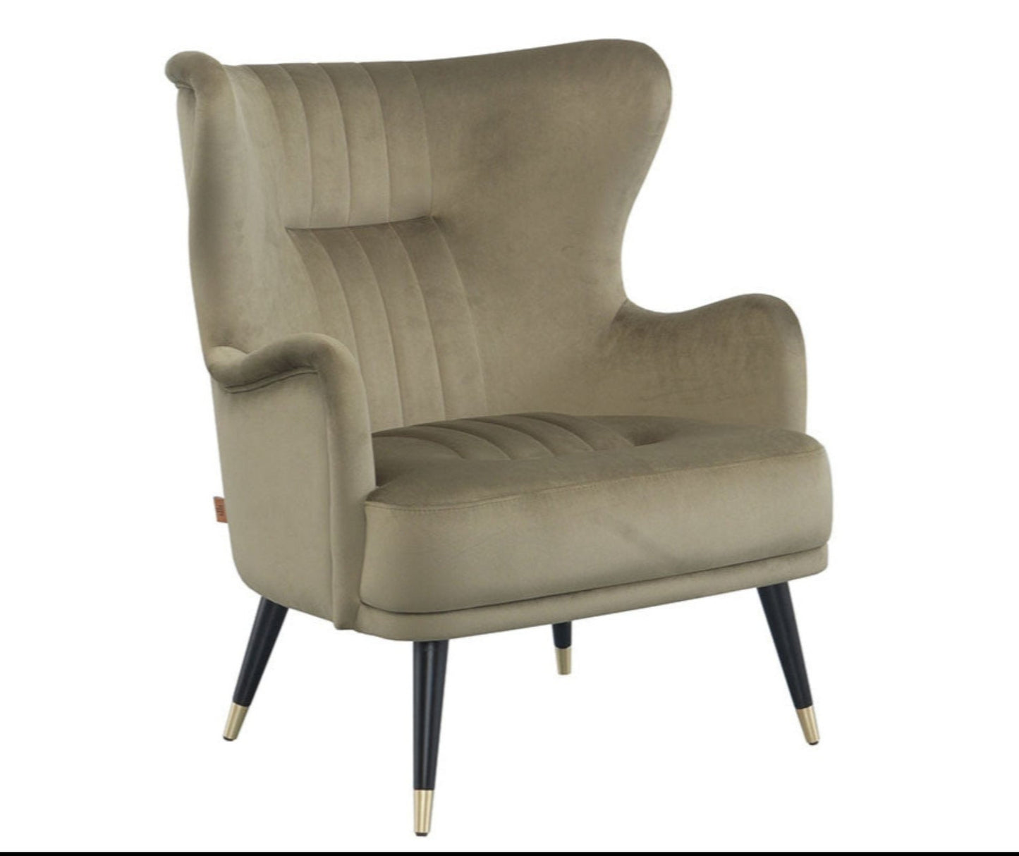 Olive velvet armchair with dark wood legs and gold tip ends on feet.