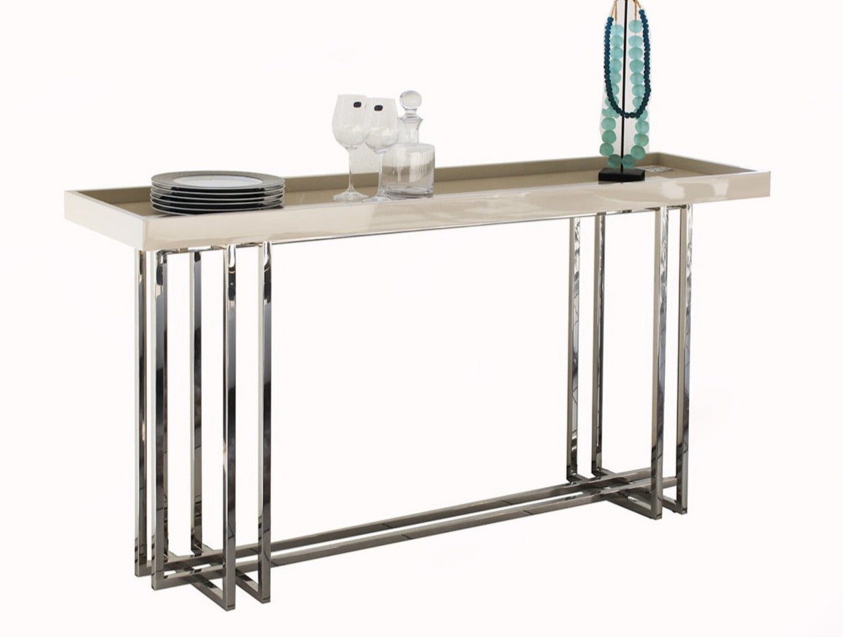 Console in beige gloss wood finish with stainless steel legs