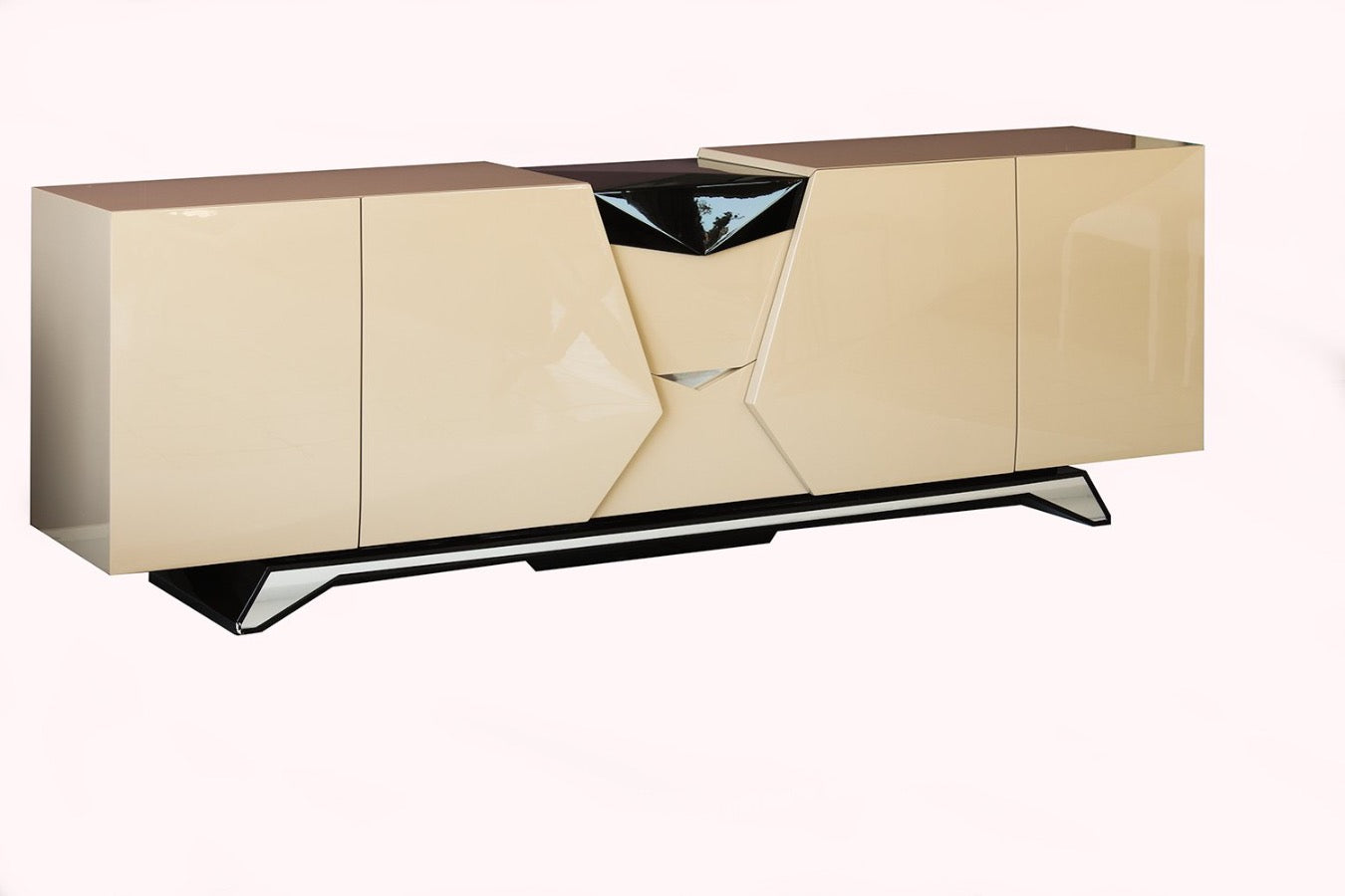 Sideboard in gloss beige wood, with 4 doors and cutlery drawers. Handcrafted in Europe.
