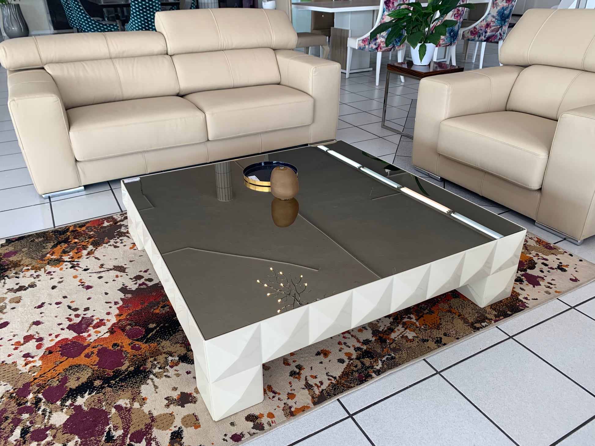 Contemporary gold mirror top coffee table with gloss legs