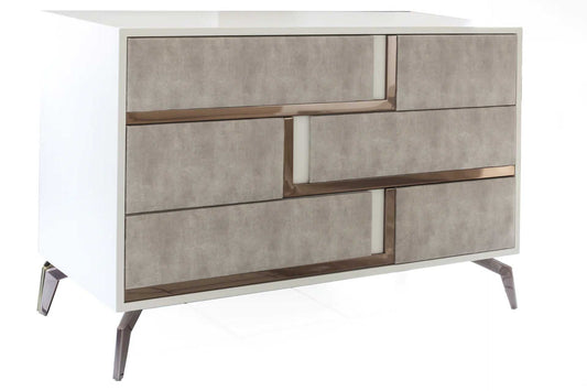 chest of drawers in white wood with grey velvet fabric and rose gold metallic detail