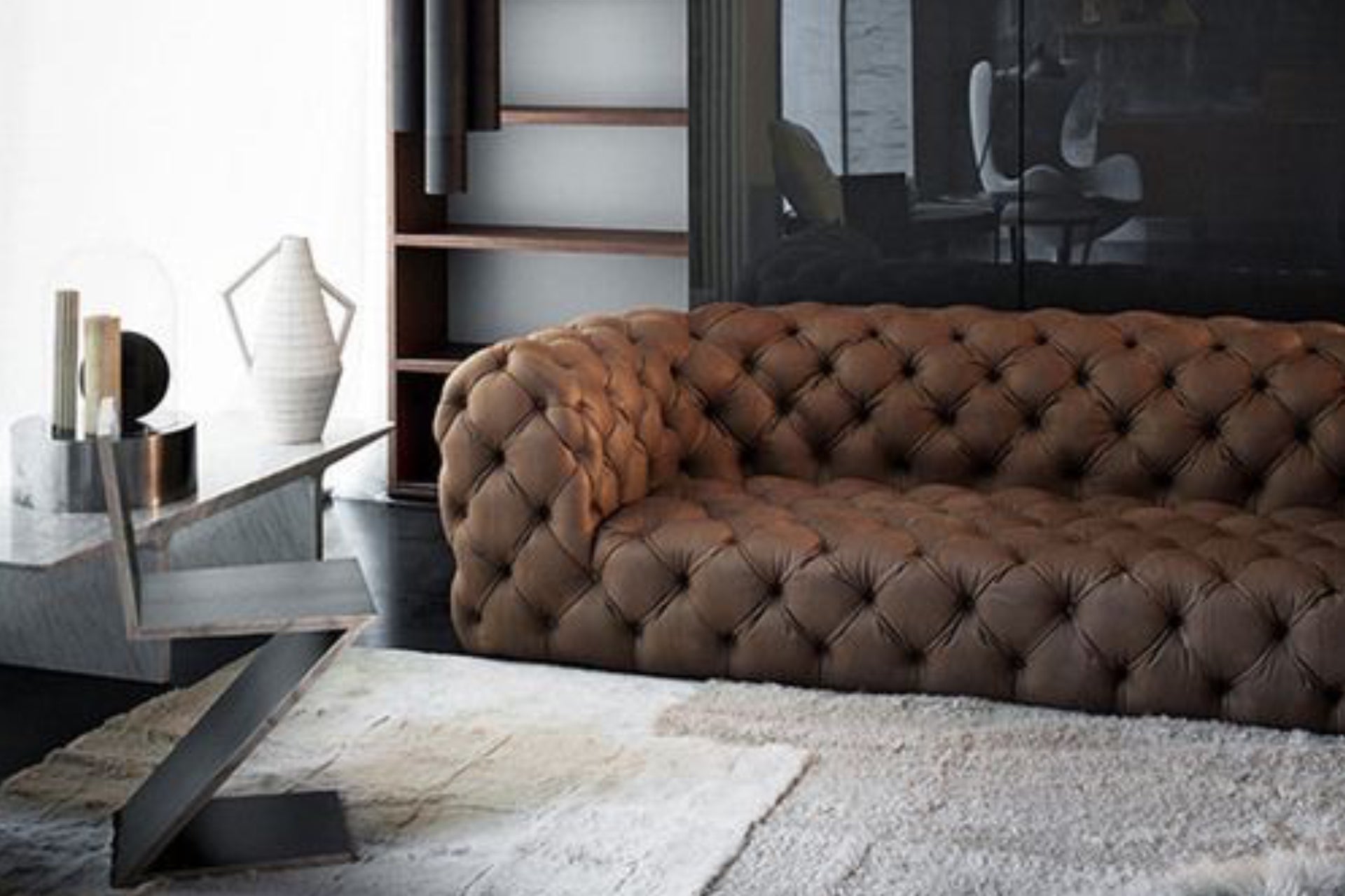 Italian leather Chesterfield couch. brown leather deep button sofa