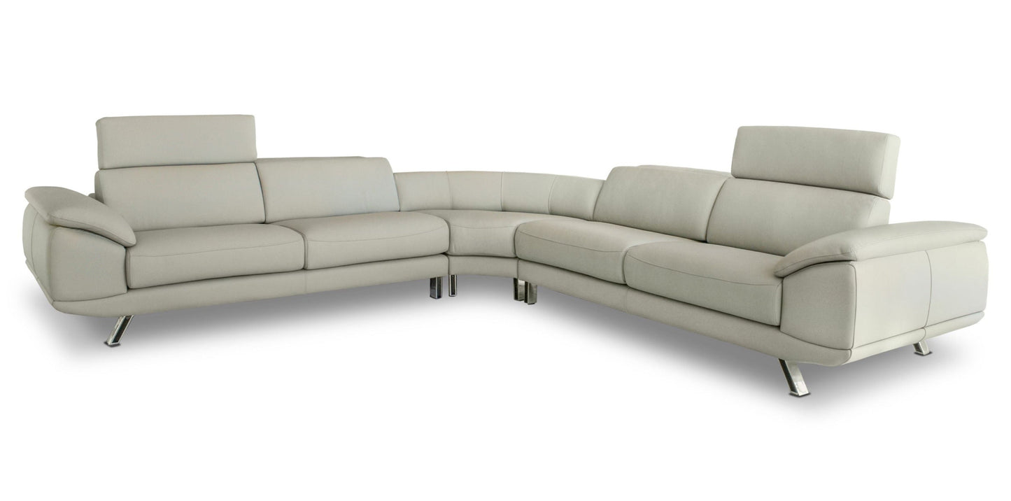 Light Grey Leather corner sofa with adjustable headrests and a discreet docking sound station.