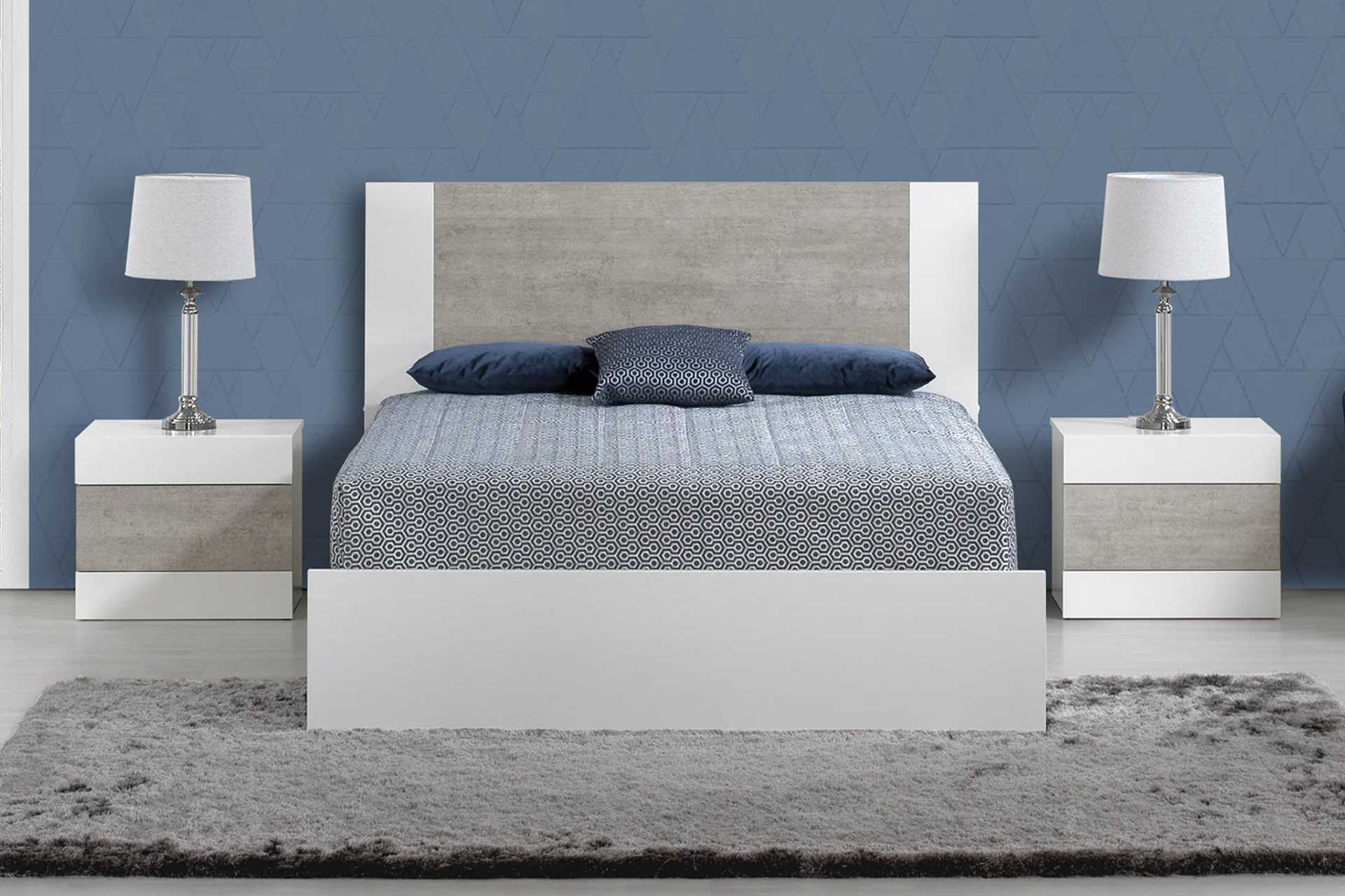 Grey and white wooden sleigh bed , price includes bedside tables.