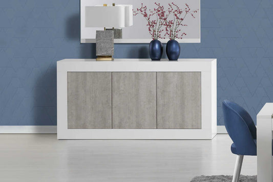 3 door sideboard in a white and stone wood.