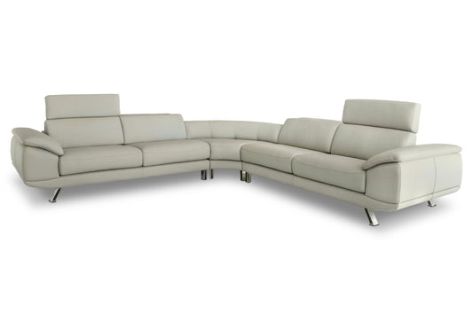 corner couch in light grey leather with adjustable headrests and built-in sound system
